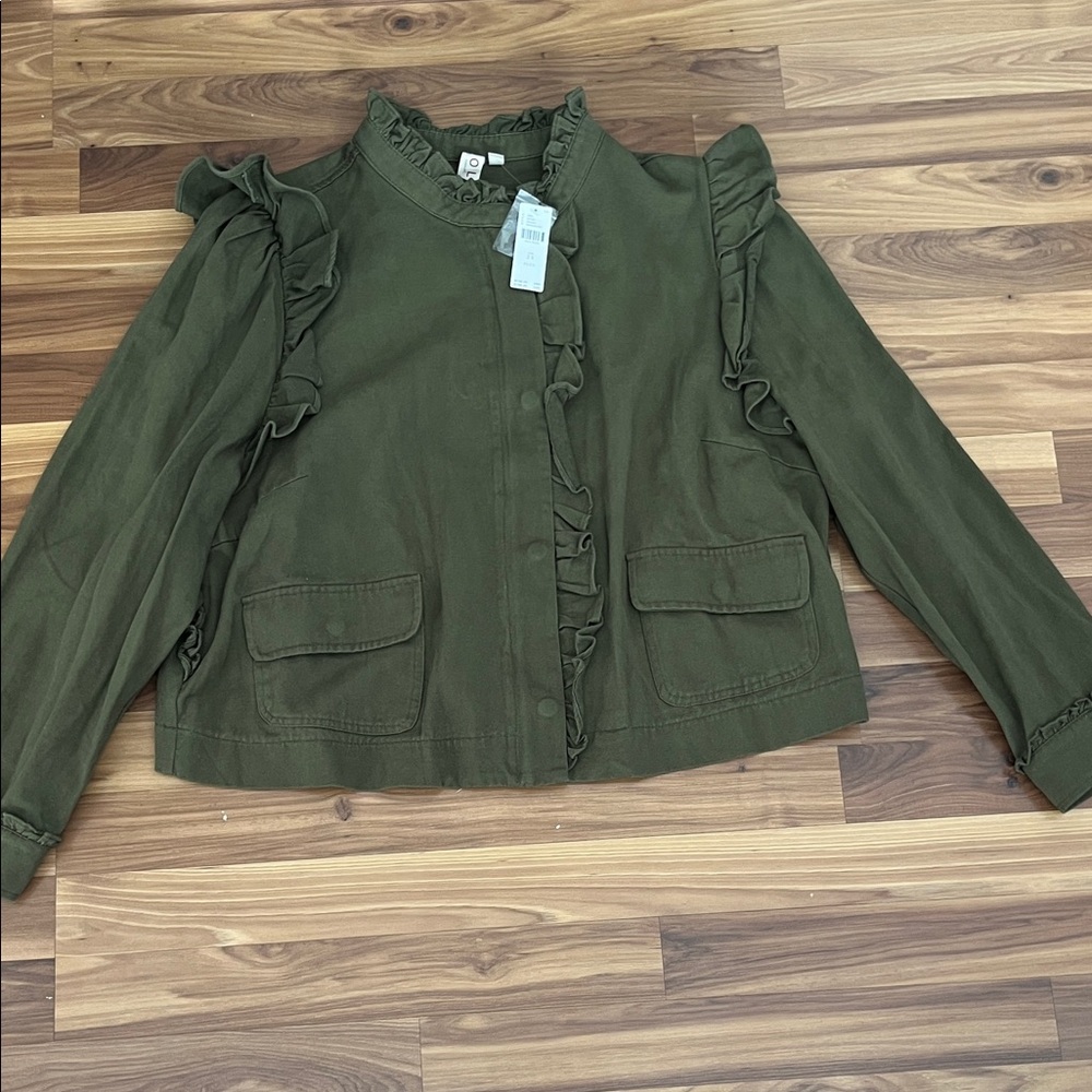Anthropologie Dolan Left Coast Ruffled Utility Jacket Moss Green Top sz2X